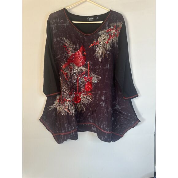 Onque Casual 1X Christmas Top Cardinal Sequin Beaded Tunic Holiday Blouse - Picture 1 of 4